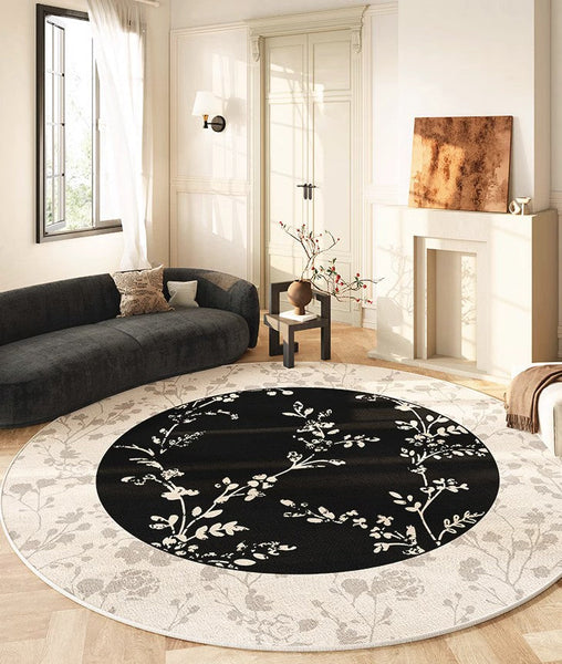 Contemporary Round Rugs for Dining Room, Flower Pattern Round Carpets under Coffee Table, Circular Modern Rugs for Living Room, Modern Area Rugs for Bedroom-LargePaintingArt.com