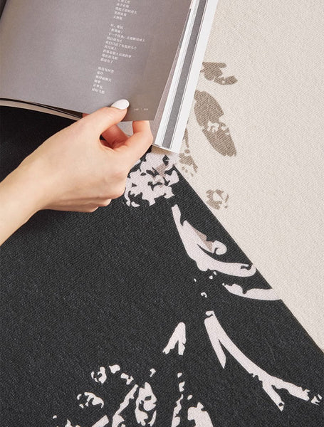 Contemporary Floor Carpets for Living Room, Large Modern Rugs for Sale, Dining Room Modern Rugs, Black Flower Pattern Geometric Modern Rugs in Bedroom-LargePaintingArt.com