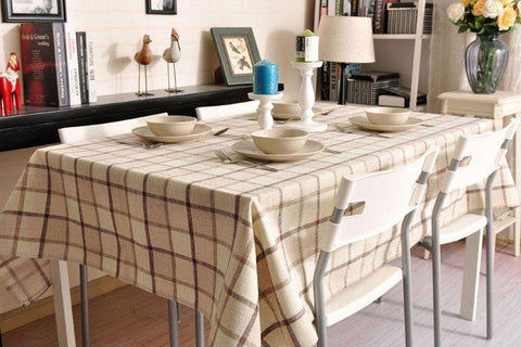 Rustic Wedding Tablecloth, Checked Tablecloth for Home Decoration, Table Cover, Beige Color Checkerboard Linen Tablecloth-LargePaintingArt.com