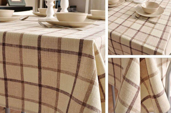 Rustic Wedding Tablecloth, Checked Tablecloth for Home Decoration, Table Cover, Beige Color Checkerboard Linen Tablecloth-LargePaintingArt.com