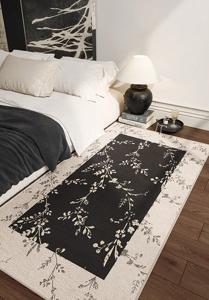 Contemporary Floor Carpets for Living Room, Large Modern Rugs for Sale, Dining Room Modern Rugs, Black Flower Pattern Geometric Modern Rugs in Bedroom-LargePaintingArt.com