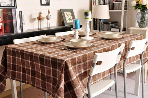 Modern Brown Table Cover for Home Decoration, Brown Checked Linen Tablecloth, Rustic Wedding , Checkerboard Tablecloth-LargePaintingArt.com