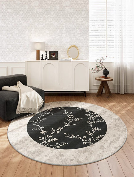 Contemporary Round Rugs for Dining Room, Flower Pattern Round Carpets under Coffee Table, Circular Modern Rugs for Living Room, Modern Area Rugs for Bedroom-LargePaintingArt.com