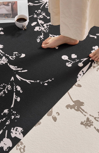 Contemporary Floor Carpets for Living Room, Large Modern Rugs for Sale, Dining Room Modern Rugs, Black Flower Pattern Geometric Modern Rugs in Bedroom-LargePaintingArt.com