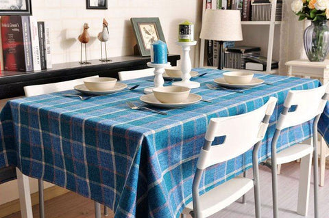 Modern Blue Table Cover, Blue Checked Linen Tablecloth, Rustic Home Decor, Checkerboard Tablecloth for Dining Room Table-LargePaintingArt.com