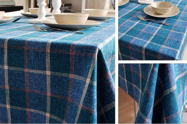 Modern Blue Table Cover, Blue Checked Linen Tablecloth, Rustic Home Decor, Checkerboard Tablecloth for Dining Room Table-LargePaintingArt.com