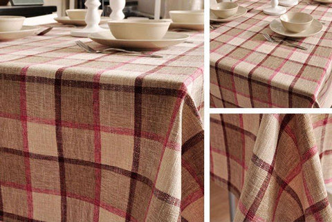 Khaki Checked Linen Tablecloth, Rustic Home Decor , Checkerboard Tablecloth, Table Cover-LargePaintingArt.com