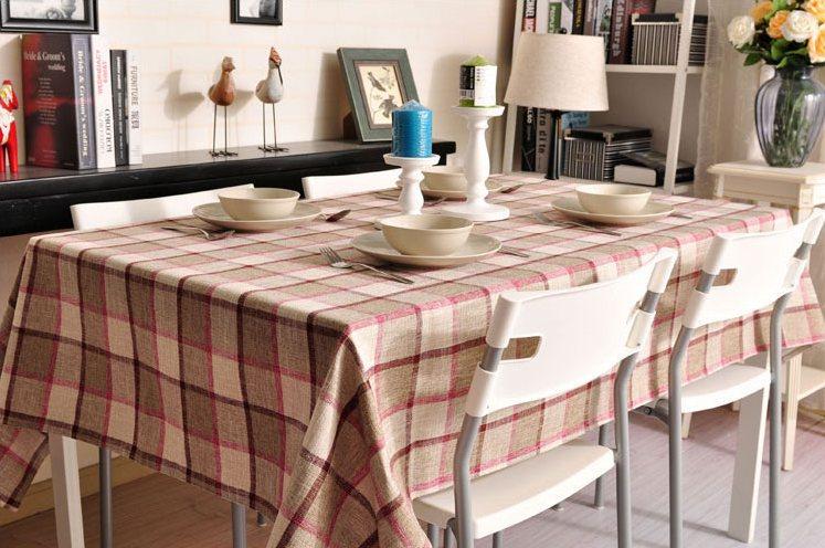 Khaki Checked Linen Tablecloth, Rustic Home Decor , Checkerboard Tablecloth, Table Cover-LargePaintingArt.com