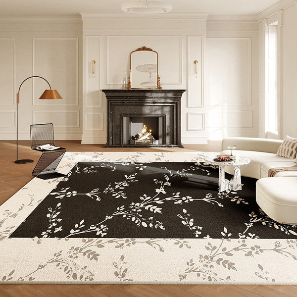 Contemporary Floor Carpets for Living Room, Large Modern Rugs for Sale, Dining Room Modern Rugs, Black Flower Pattern Geometric Modern Rugs in Bedroom-LargePaintingArt.com