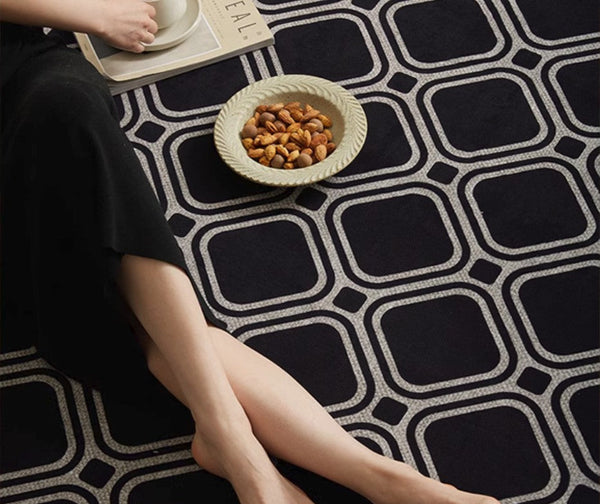 Abstract Contemporary Rugs for Bedroom, Modern Area Rugs under Sofa, Modern Black Rugs for Living Room, Dining Room Floor Rugs, Modern Carpets for Office-LargePaintingArt.com