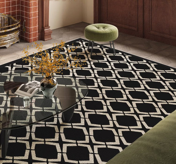Abstract Contemporary Rugs for Bedroom, Modern Area Rugs under Sofa, Modern Black Rugs for Living Room, Dining Room Floor Rugs, Modern Carpets for Office-LargePaintingArt.com