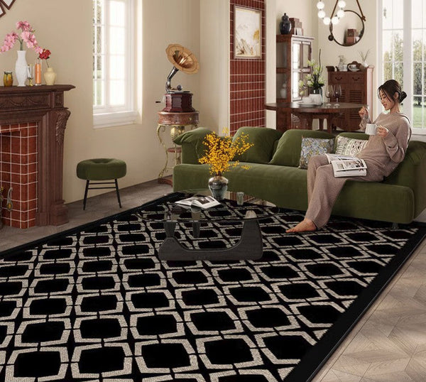 Abstract Contemporary Rugs for Bedroom, Modern Area Rugs under Sofa, Modern Black Rugs for Living Room, Dining Room Floor Rugs, Modern Carpets for Office-LargePaintingArt.com