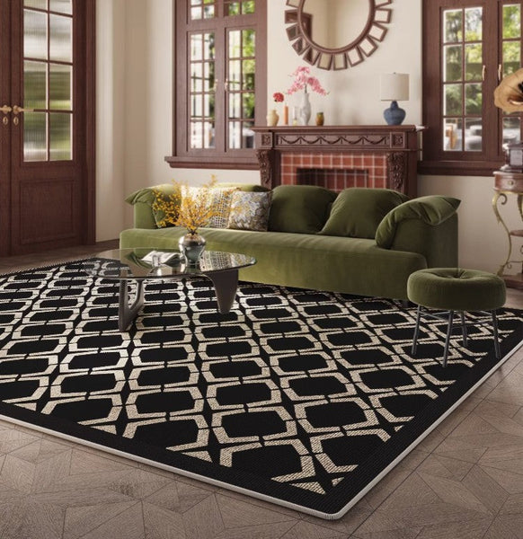 Abstract Contemporary Rugs for Bedroom, Modern Area Rugs under Sofa, Modern Black Rugs for Living Room, Dining Room Floor Rugs, Modern Carpets for Office-LargePaintingArt.com