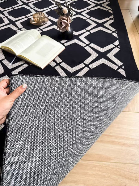 Abstract Contemporary Rugs for Bedroom, Modern Area Rugs under Sofa, Modern Black Rugs for Living Room, Dining Room Floor Rugs, Modern Carpets for Office-LargePaintingArt.com