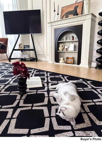 Abstract Contemporary Rugs for Bedroom, Modern Area Rugs under Sofa, Modern Black Rugs for Living Room, Dining Room Floor Rugs, Modern Carpets for Office-LargePaintingArt.com