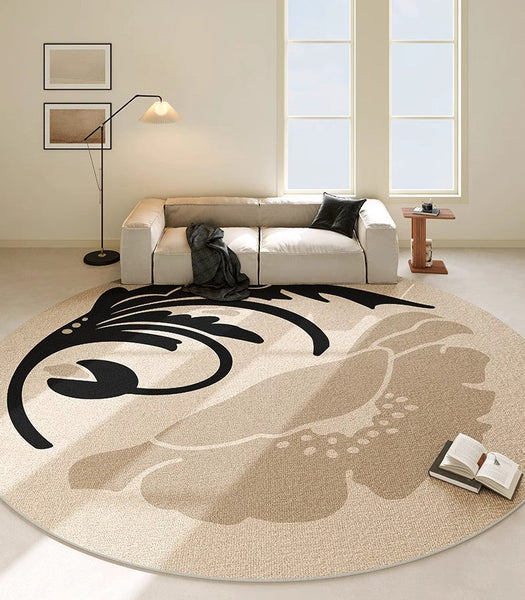 Dining Room Round Rugs, Modern Area Rugs under Coffee Table, Round Modern Rugs, Flower Pattern Abstract Contemporary Area Rugs, Modern Rugs in Bedroom-LargePaintingArt.com