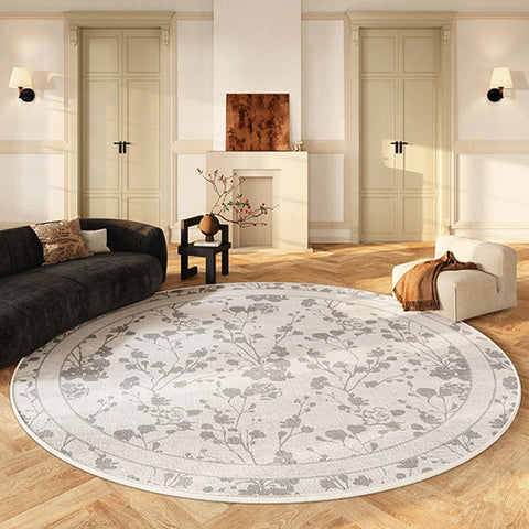 Modern Area Rugs for Bedroom, Flower Pattern Round Carpets under Coffee Table, Contemporary Round Rugs for Dining Room, Circular Modern Rugs for Living Room-LargePaintingArt.com