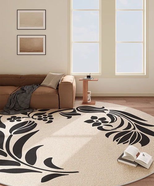 Large Modern Area Rugs under Coffee Table, Dining Room Modern Rugs, Flower Pattern Modern Rugs for Bedroom, Abstract Round Rugs under Sofa-LargePaintingArt.com