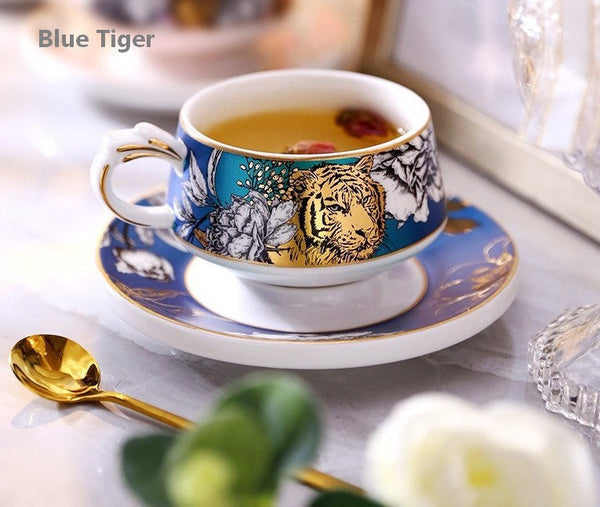 Jungle Tiger Cheetah Porcelain Tea Cups, Creative Ceramic Cup and Saucer, Unique Ceramic Coffee Cups with Gold Trim and Gift Box-LargePaintingArt.com