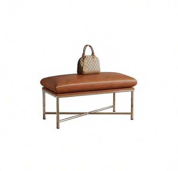 Contemporay Bedroom Bench, Upholstered Shoe Bench, Luxury Genuine Leather Entry Bench, Narrow Entryway Bench, Modern Shoe Changing Ottoman, Mid-Century Hall Bench-LargePaintingArt.com