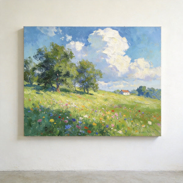 Original Landscape Paintings, Wildflower Hillside Under Soft Clouds, Buy Original Artwork Online, Hand Painted Canvas Art, Small Canvas Wall Art Paintings-LargePaintingArt.com