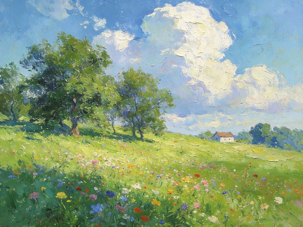 Original Landscape Paintings, Wildflower Hillside Under Soft Clouds, Buy Original Artwork Online, Hand Painted Canvas Art, Small Canvas Wall Art Paintings-LargePaintingArt.com