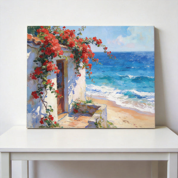 Buy Original Oil Paintings Online, Bougainvillea by the Turquoise Shore, Original Small Paintings, Seashore Beach Painting, Hand Painted Canvas Art, Small Canvas Wall Art Paintings-LargePaintingArt.com