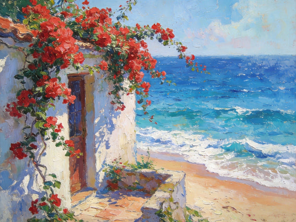 Buy Original Oil Paintings Online, Bougainvillea by the Turquoise Shore, Original Small Paintings, Seashore Beach Painting, Hand Painted Canvas Art, Small Canvas Wall Art Paintings-LargePaintingArt.com