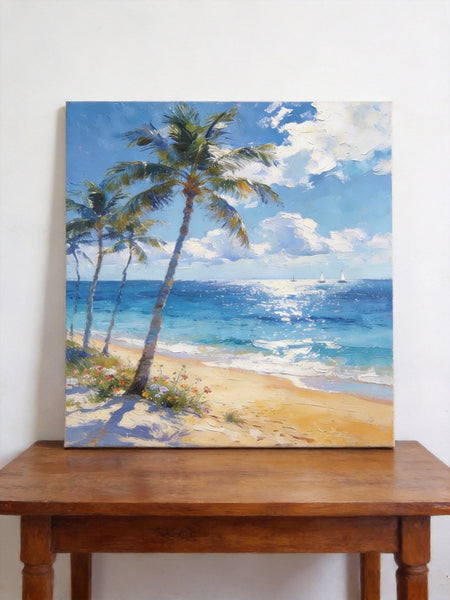 Hand Painted Canvas Art, Sunlit Palm Shore with Sails, Seashore Beach Painting, Small Canvas Artwork, Original Landscape Paintings, Buy Small Paintings Online-LargePaintingArt.com