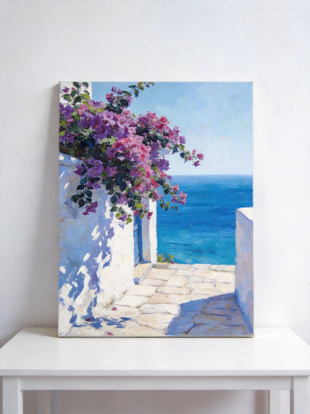 Original Landscape Paintings, Blooming Purple Bougainvillea and the Azure Mediterranean, Hand Painted Canvas Art, Small Canvas Wall Art Paintings, Original Oil Paintings-LargePaintingArt.com