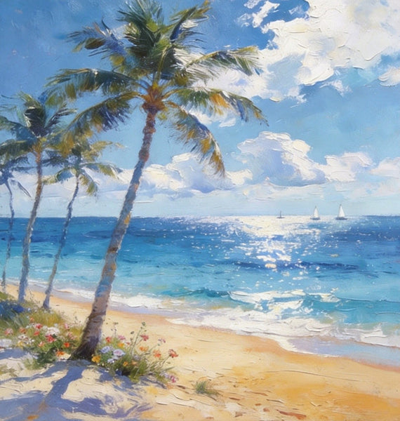 Hand Painted Canvas Art, Sunlit Palm Shore with Sails, Seashore Beach Painting, Small Canvas Artwork, Original Landscape Paintings, Buy Small Paintings Online-LargePaintingArt.com