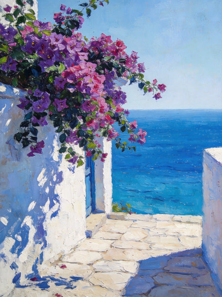 Original Landscape Paintings, Blooming Purple Bougainvillea and the Azure Mediterranean, Hand Painted Canvas Art, Small Canvas Wall Art Paintings, Original Oil Paintings-LargePaintingArt.com