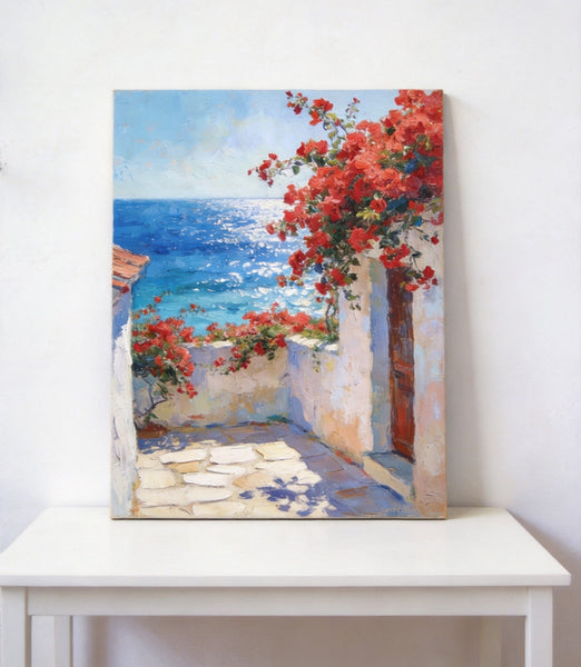 Crimson Blooms and Azure Mediterranean, Hand Painted Canvas Art, Original Landscape Paintings, Small Canvas Wall Art Paintings, Original Oil Paintings-LargePaintingArt.com