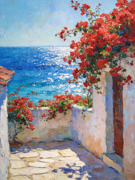 Crimson Blooms and Azure Mediterranean, Hand Painted Canvas Art, Original Landscape Paintings, Small Canvas Wall Art Paintings, Original Oil Paintings-LargePaintingArt.com