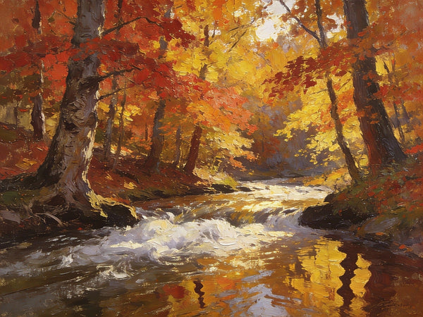 Small Oil Paintings on Canvas, An Autumn Brook through the Deep Woods, Hand Painted Canvas Art, Heavy Texture Artwork, Original Oil Paintings, Small Landscape Paintings-LargePaintingArt.com