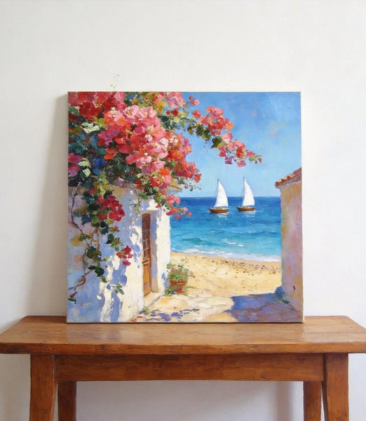 Blooming Bougainvillea and the Azure Mediterranean, Hand Painted Canvas Art, Seashore Beach Paintings, Original Oil Paintings, Buy Small Artwork Online-LargePaintingArt.com