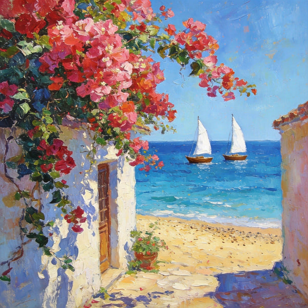 Blooming Bougainvillea and the Azure Mediterranean, Hand Painted Canvas Art, Seashore Beach Paintings, Original Oil Paintings, Buy Small Artwork Online-LargePaintingArt.com