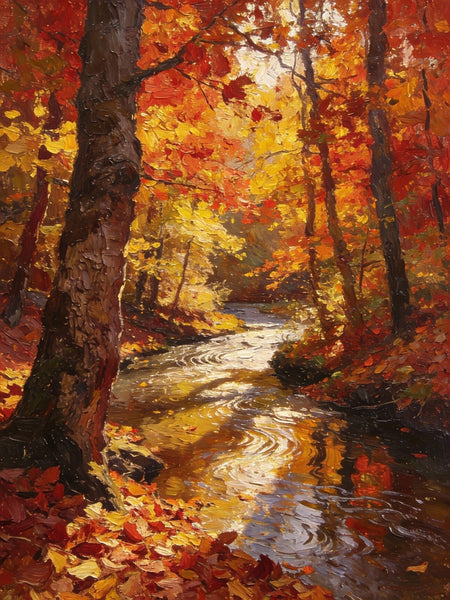 Original Artwork Small Paintings, A Brook through the Autumn Woods, Heavy Texture Wall Art Paintings, On Canvas Small Paintings, Hand Painted Canvas Art-LargePaintingArt.com