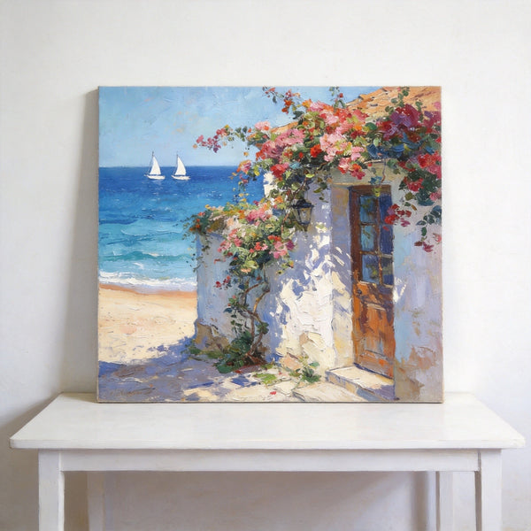Hand Painted Canvas Art, Blooming Bougainvillea and the Azure Mediterranean, Seashore Beach Paintings, Original Oil Paintings, Buy Small Artwork Online-LargePaintingArt.com