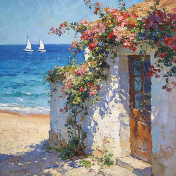 Hand Painted Canvas Art, Blooming Bougainvillea and the Azure Mediterranean, Seashore Beach Paintings, Original Oil Paintings, Buy Small Artwork Online-LargePaintingArt.com