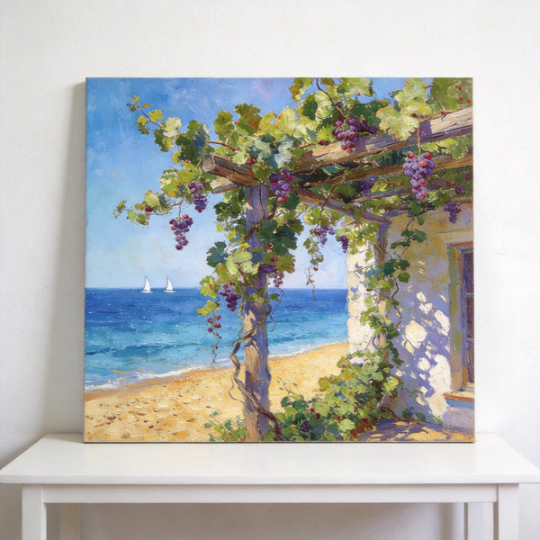 Hand Painted Canvas Art, Summer Glow on the Vine-Covered Terrace, Seashore Beach Paintings, Original Oil Paintings, Buy Small Artwork Online-LargePaintingArt.com