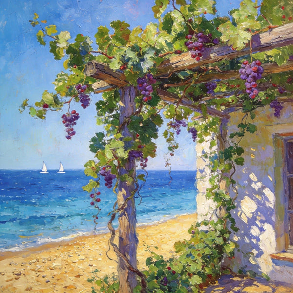 Hand Painted Canvas Art, Summer Glow on the Vine-Covered Terrace, Seashore Beach Paintings, Original Oil Paintings, Buy Small Artwork Online-LargePaintingArt.com