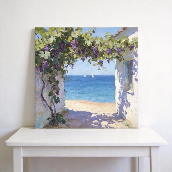 Summer Glow on the Vine-Covered Terrace, Seashore Beach Paintings, Hand Painted Canvas Art, Original Oil Paintings, Buy Small Artwork Online-LargePaintingArt.com