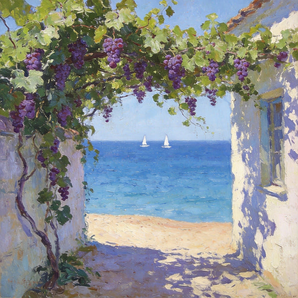 Summer Glow on the Vine-Covered Terrace, Seashore Beach Paintings, Hand Painted Canvas Art, Original Oil Paintings, Buy Small Artwork Online-LargePaintingArt.com