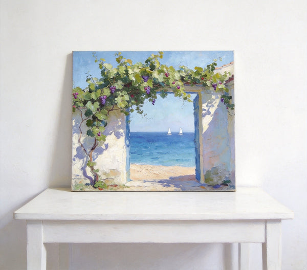 Original Small Paintings, Seaside Cottage Under the Grape Canopy, Hand Painted Canvas Art, Small Canvas Wall Art Paintings, Original Oil Paintings-LargePaintingArt.com