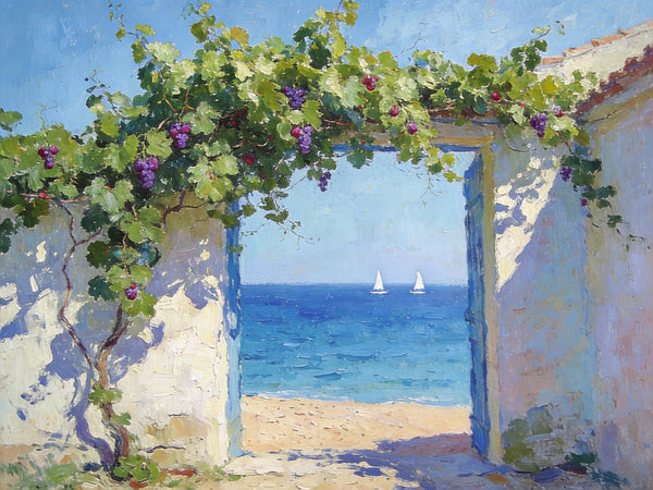 Original Small Paintings, Seaside Cottage Under the Grape Canopy, Hand Painted Canvas Art, Small Canvas Wall Art Paintings, Original Oil Paintings-LargePaintingArt.com