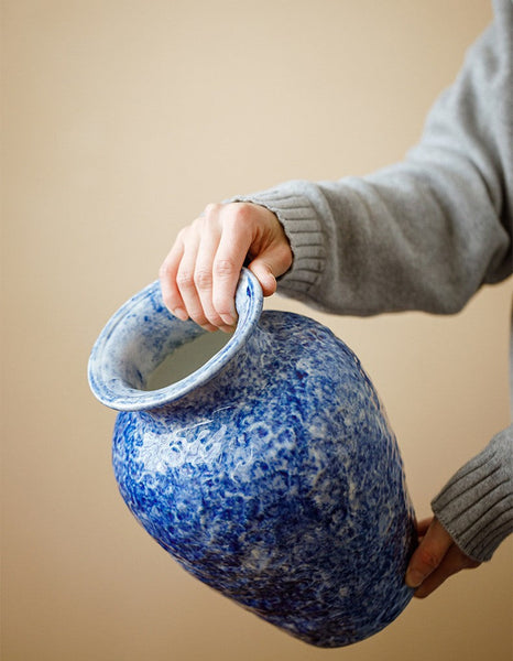 Handmade Water Holding Flower Vases, Centerpiece on Dining Table, Blue Pottery Bud Vases, Large Flower Vases on Table, Modern Pottery Flower Vases-LargePaintingArt.com