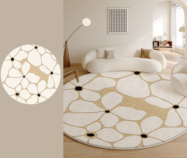 Flower Pattern Circular Modern Rugs under Chairs, Contemporary Modern Rugs for Living Room, Geometric Round Rugs for Dining Room, Bedroom Abstract Modern Area Rugs-LargePaintingArt.com