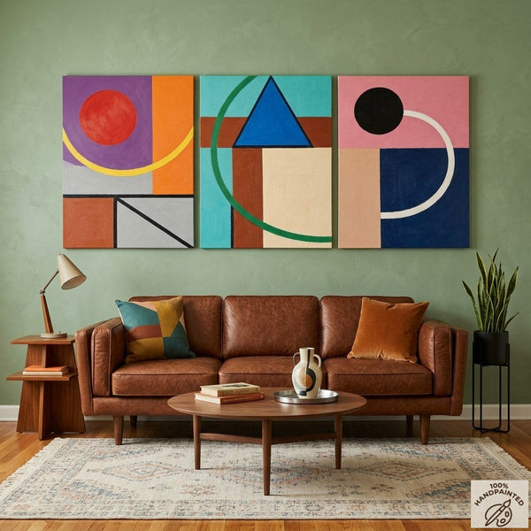 Abstract Geometric Contemporary Artwork, Modern Paintings for Mid Century Living Room, Multi Panel Canvas Art-LargePaintingArt.com