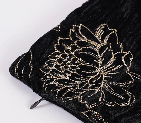 Contemporary Modern Sofa Pillows, Black Embroidery Flower Pattern Pillows for Couch, Decorative Throw Pillows for Bedroom, Large Modern Sofa Pillow for Dining Room-LargePaintingArt.com
